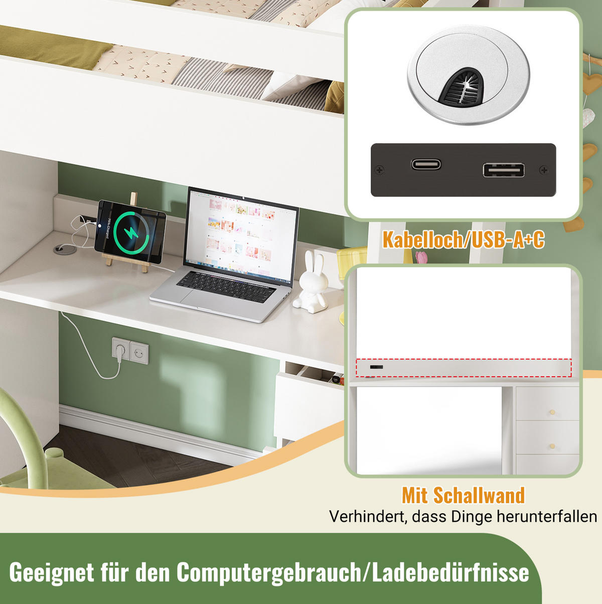 HOCHBETT 90/200 cm mit Schreibtisch, USB-/Type-C-Anschluss, Kleiderschrank und Stauraum, Weiß - Weiß, Holzwerkstoff (90/200cm) - Redom