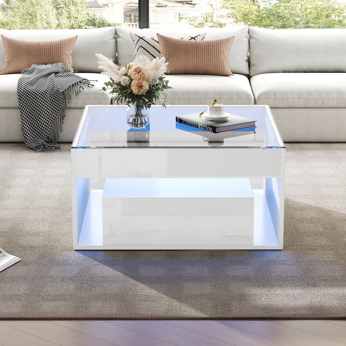 COUCHTISCH aus MDF und gehärtetem Glas 70x70x35 cm in Weiß mit LED & 2 Schubladen - Weiß, Holzwerkstoff (70/70/35cm) - Modfu