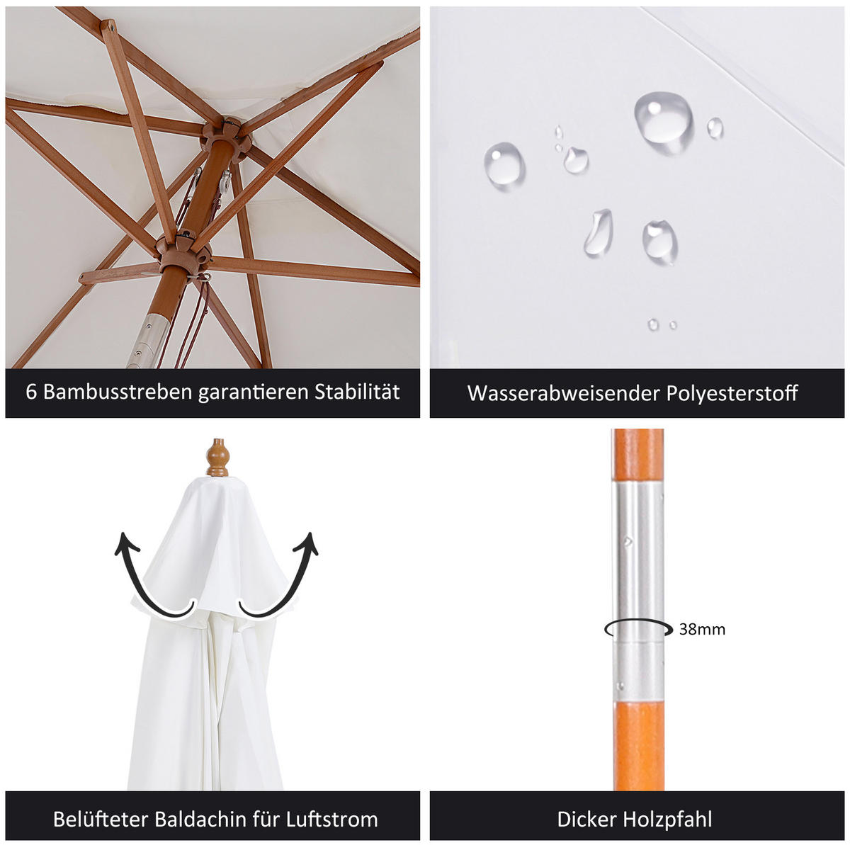 SONNENSCHIRM, Bambus, Tannenholz, Polyester, Weiß - Weiß, Holz (250/250cm) - Outsunny