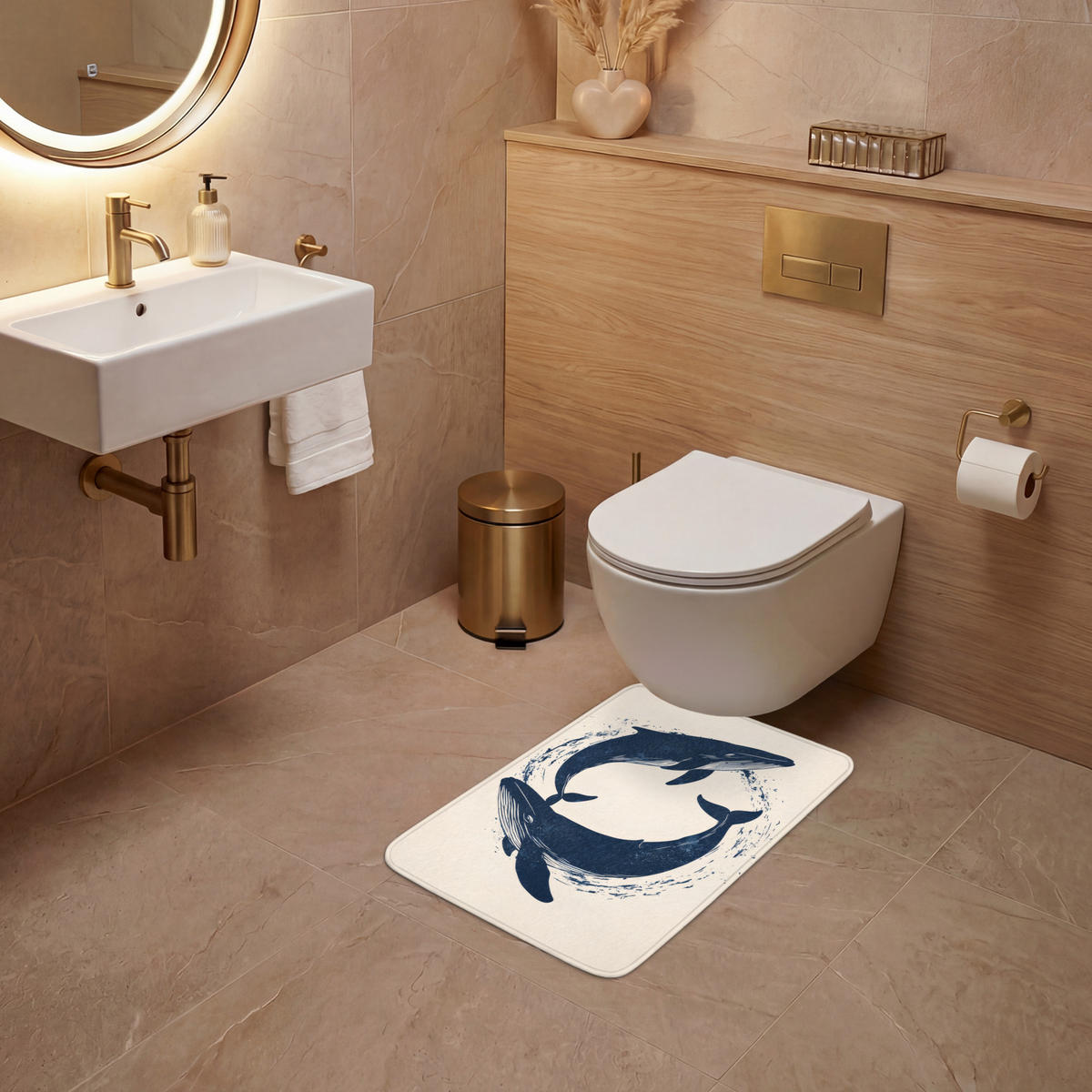 WC PŘEDLOŽKA Velryby - Stříkance - Kruh - Tmavě modrá 40x60 cm - tmavě modrá, textil/plast (40/1cm) - OnlyWow