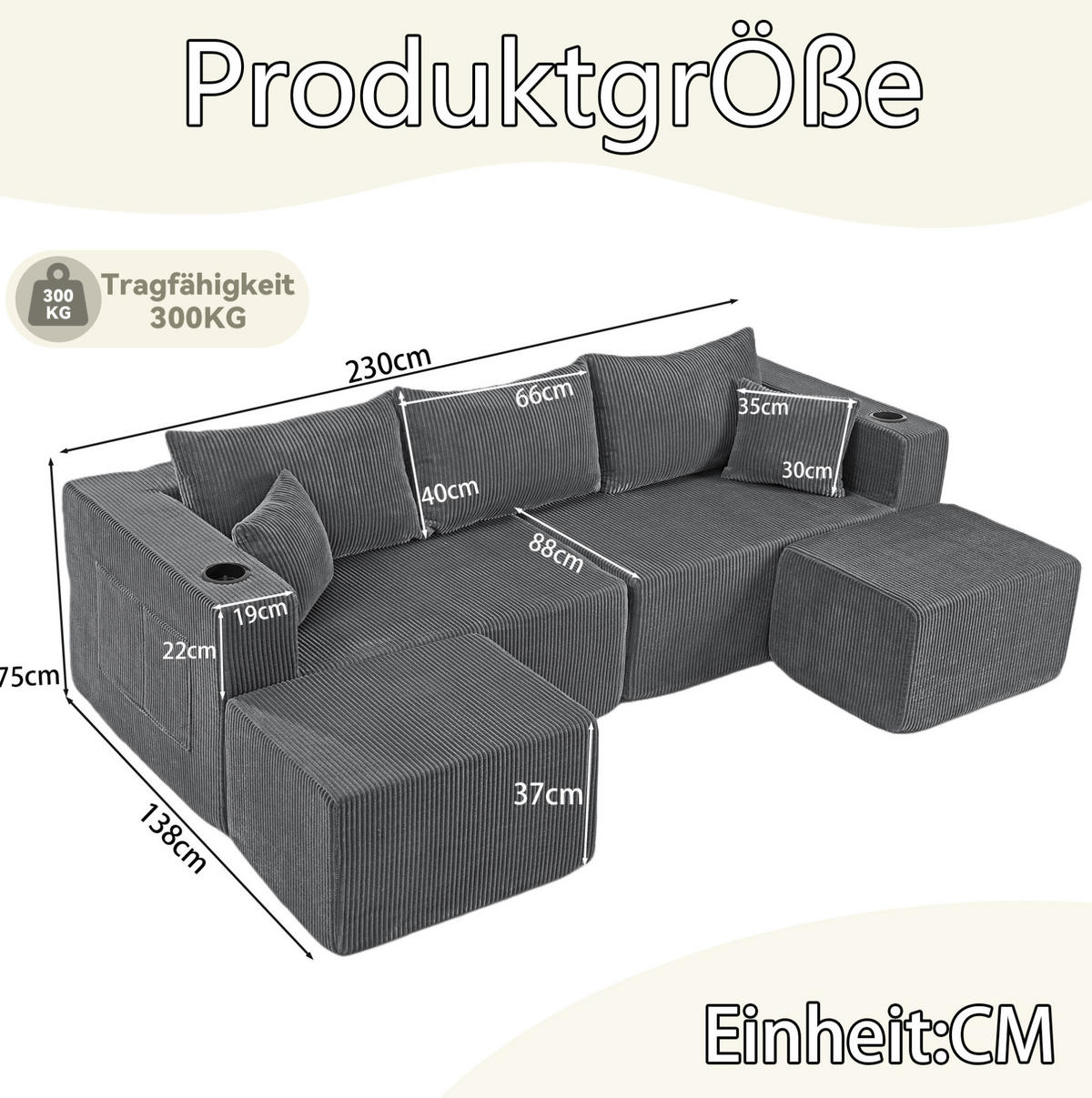 SOFA modulares Ecksofa 3-Sitzer Cord Gray mit 2 Ottomanen - Grau, Kunststoff (230/75/138cm) - IVMEU