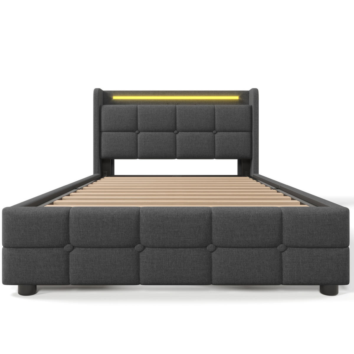 POLSTERBETT mit LED-Beleuchtung 90/200 cm mit USB-Anschlüssen & 2 Schubladen, Grau - Grau, Holz (90/200cm) - BEAOK