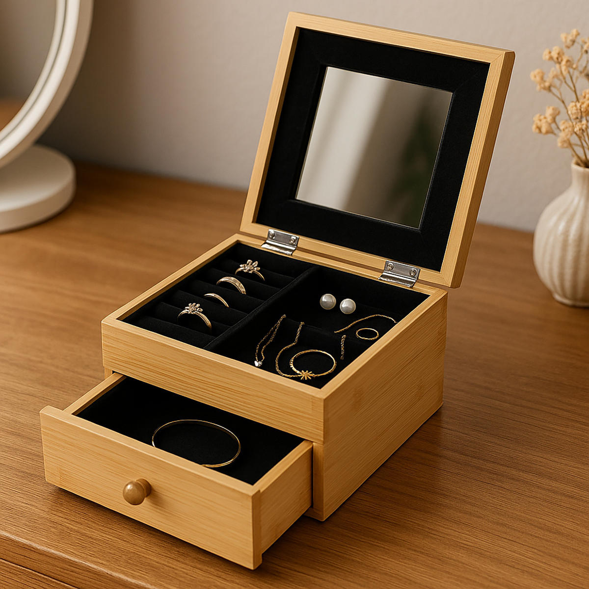 SCHMUCKSCHATULLE mit Spiegel Bamboo 15/15/9,5 cm - Braun, Naturmaterialien (15/9.5/15cm) - 5five Simply Smart