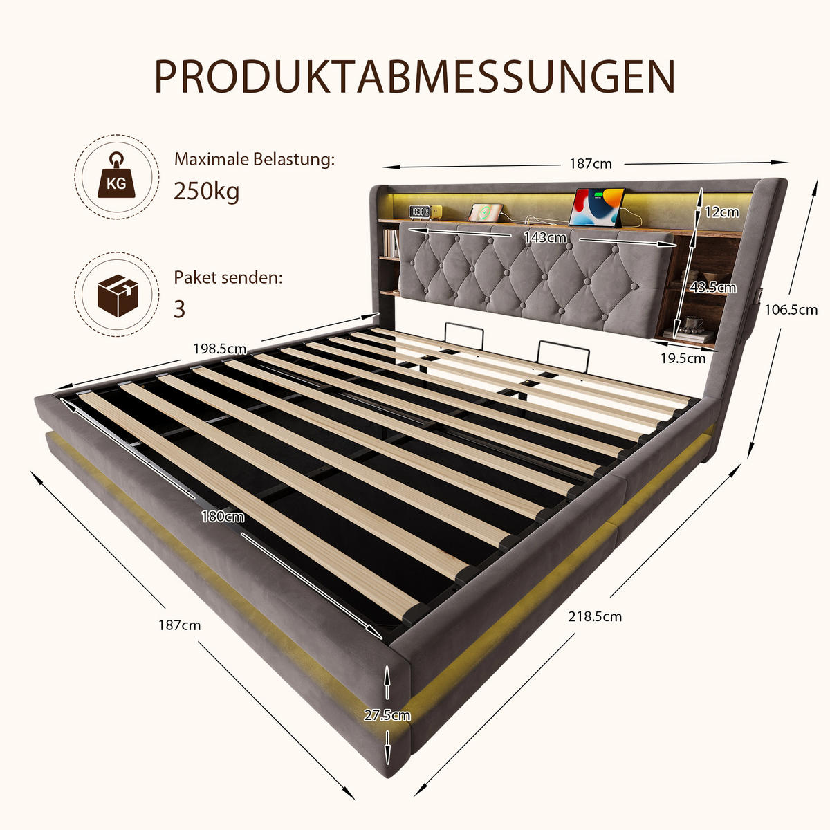 BOXBETT 180/200 mit LED/USB, Kopfteil-Regal & Hydraulik, Samt, Dunkelgrau - Dunkelgrau, Holz (180/200cm) - LVHOM