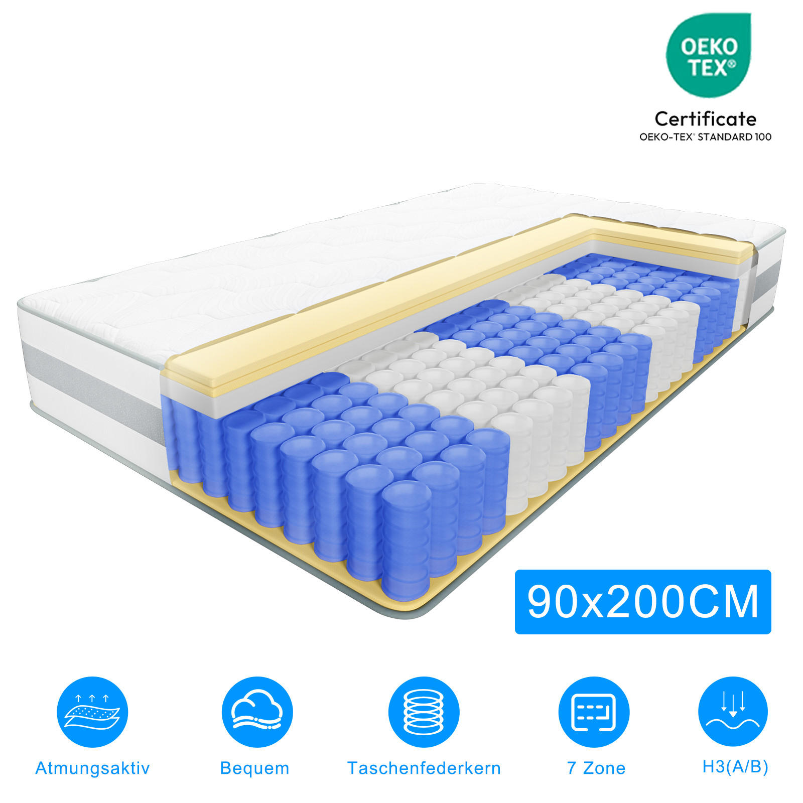 TASCHENFEDERKERNMATRATZE Höhe 25 cm 90×200cm - Weiß, Textil (90/200cm) - CHICASA