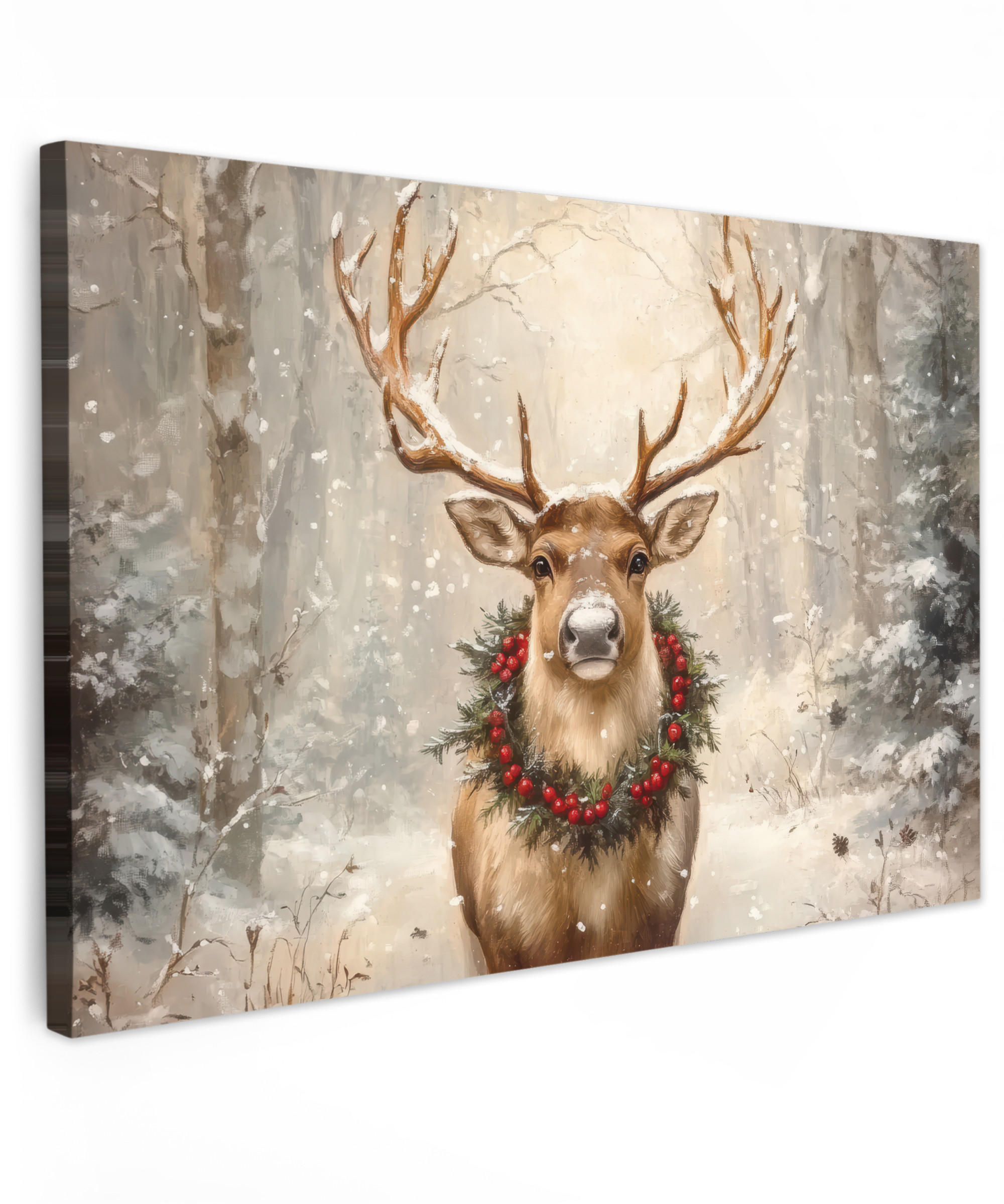 LEINWANDBILD Weihnachten - Rentier - Winter - Kranz XXL 150x100 cm - Braun, Textil (150/100cm) - MuchoWow