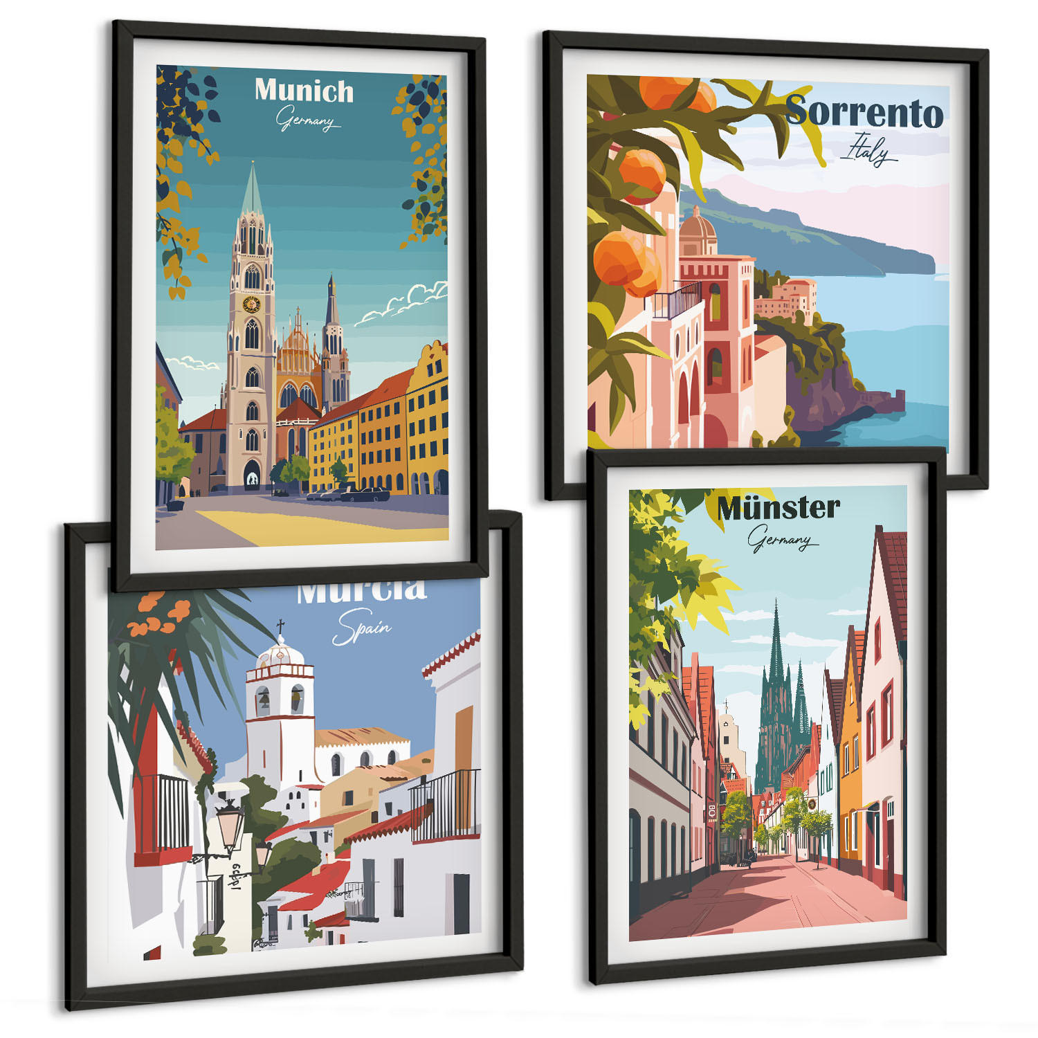 BILDER SET 4er Set - 50x50 cm & 40x60 cm Schwarzer Rahmen - Europäische Städte in farbigen Illustrationen - Schwarz, Kunststoff (50/50cm) - TULUP