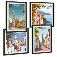 BILDER SET 4er Set - 50x50 cm & 40x60 cm Schwarzer Rahmen - Europäische Städte in farbigen Illustrationen - Schwarz, Kunststoff (50/50cm) - TULUP