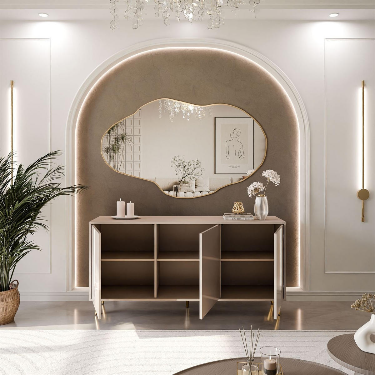 KOMMODE SANAYI Kaschmir Hochglanz – schräge goldene Beine - Kaschmir, Holzwerkstoff (154/72/40cm) - Lookway