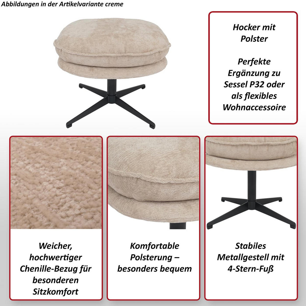 STOLEK S POLSTROVÁNÍM Krémová - krémová, textil (52/46/46cm) - MCW