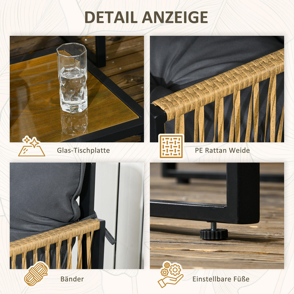 GARTENMÖBEL-SET 106/70/72 cm mit Glastisch, Sitzkissen und wetterbeständigem Polyrattan, Dunkelgrau - Dunkelgrau, Holzwerkstoff - Redom