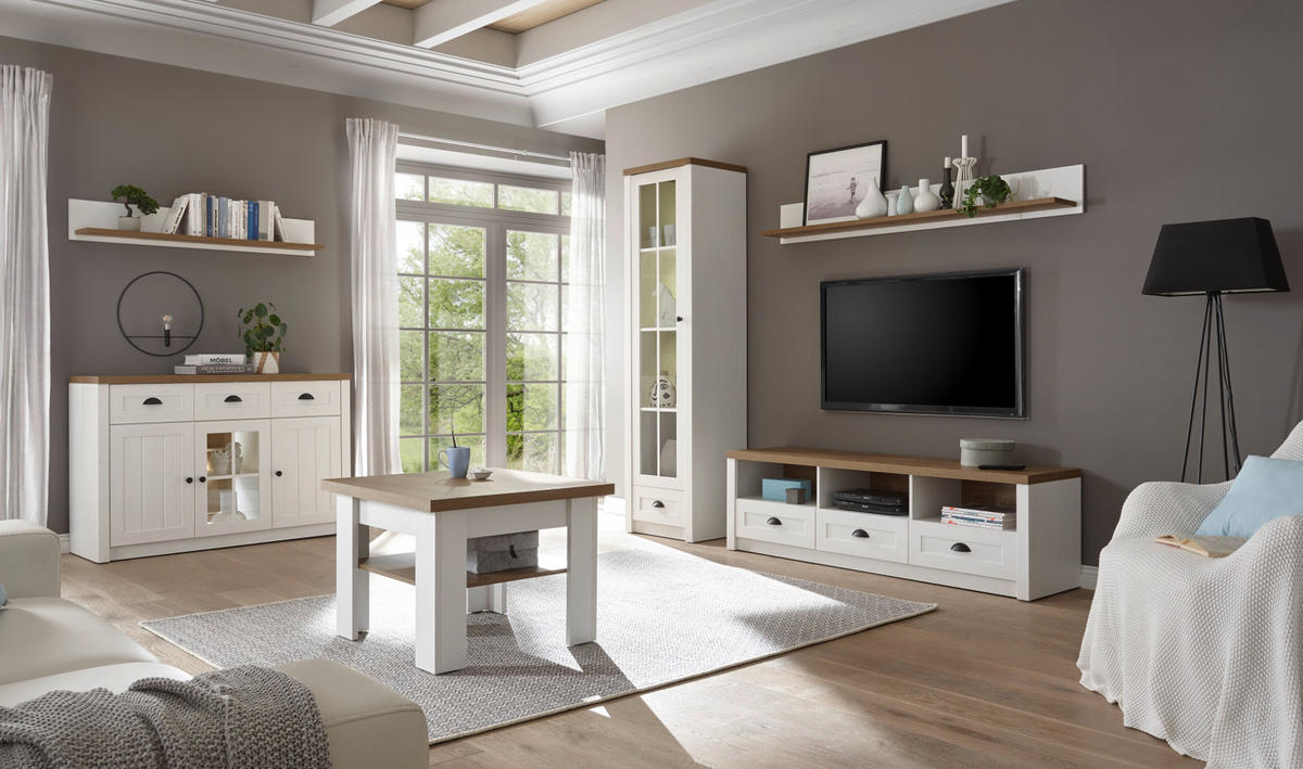 COUCHTISCH weiß Pinie, Eiche hell Landhaus Beistelltisch 70 x 70 cm - Eichefarben/Weiß, Holzwerkstoff (70/70/53cm) - Furn.Design