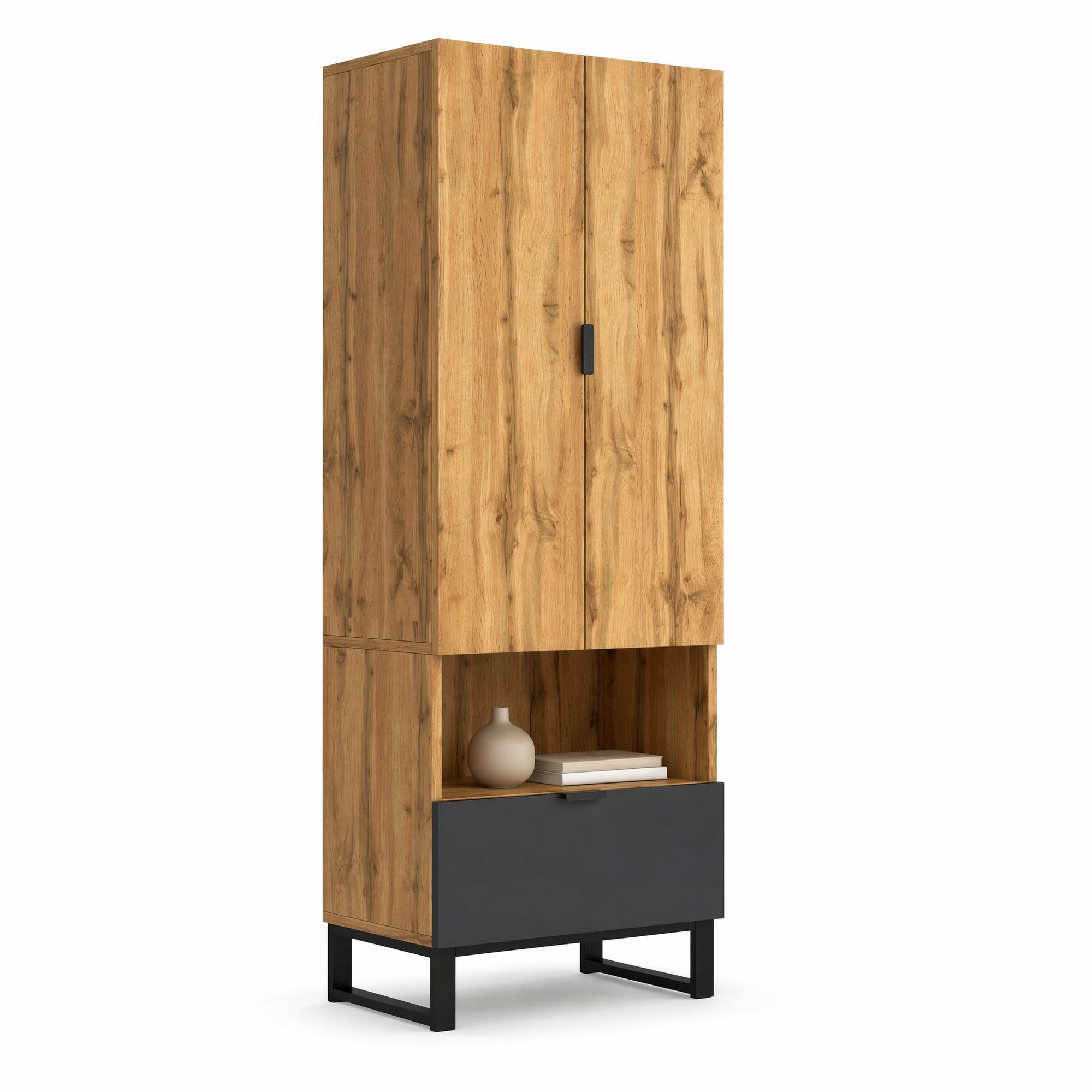 GARDEROBENSCHRANK in Schwarz und Naturfarben Garderobenschrank mit Schublade und Kleiderstange für Flur, B65/T38/H180 cm - Schwarz/Naturfarben, Holzwerkstoff/Metall (65/180/38cm) - STILVORA
