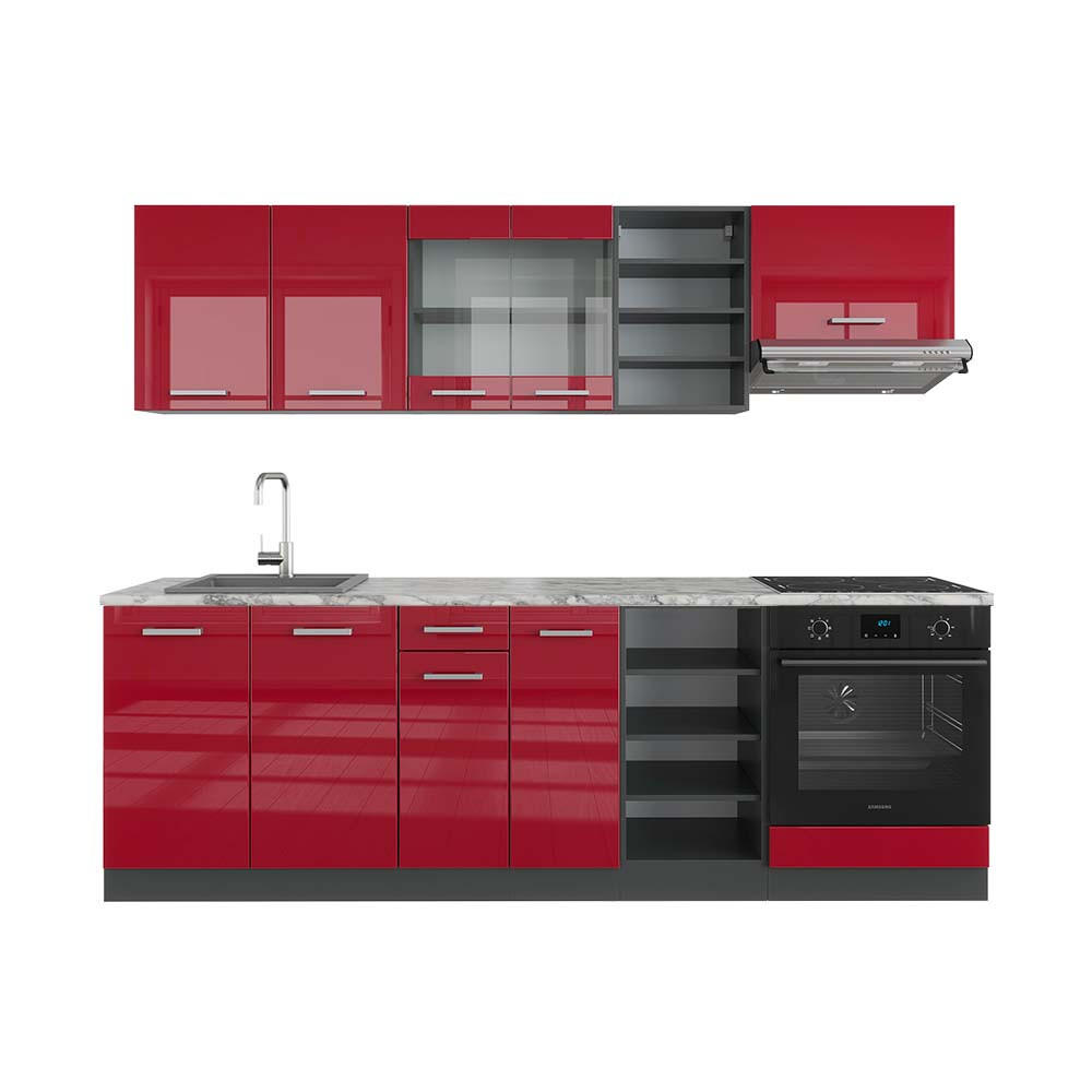 KÜCHENZEILE R-Line Rot Hochglanz/Anthrazit 240 cm , AP Marmor - Anthrazit/Rot, Holzwerkstoff (240/81.6/60cm) - Vicco