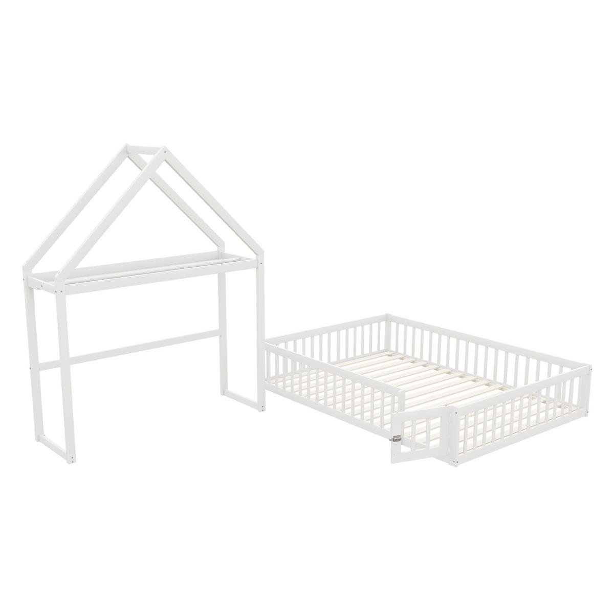 HAUSBETT 140/200 cm Weiß aus Massivholz mit Stauraum und Lattenrost - Weiß, Holz (140/200cm) - OKWISH