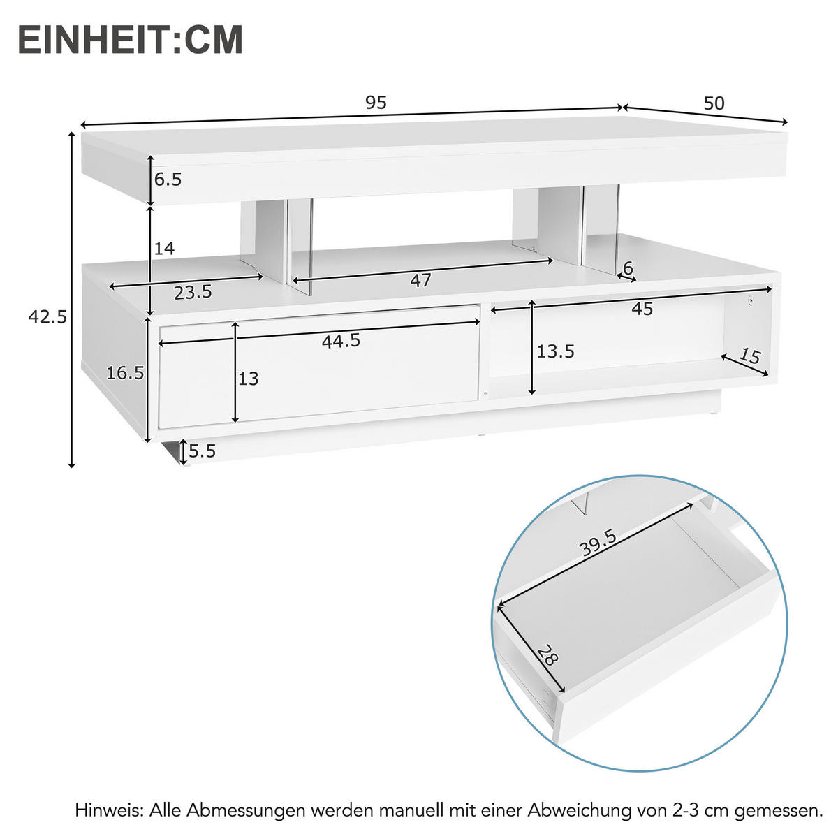 COUCHTISCH mit LED 95 x 50 x 42,5 cm Hochglanz Weiß - Weiß, Holzwerkstoff (95/50/42.5cm) - Meubliv
