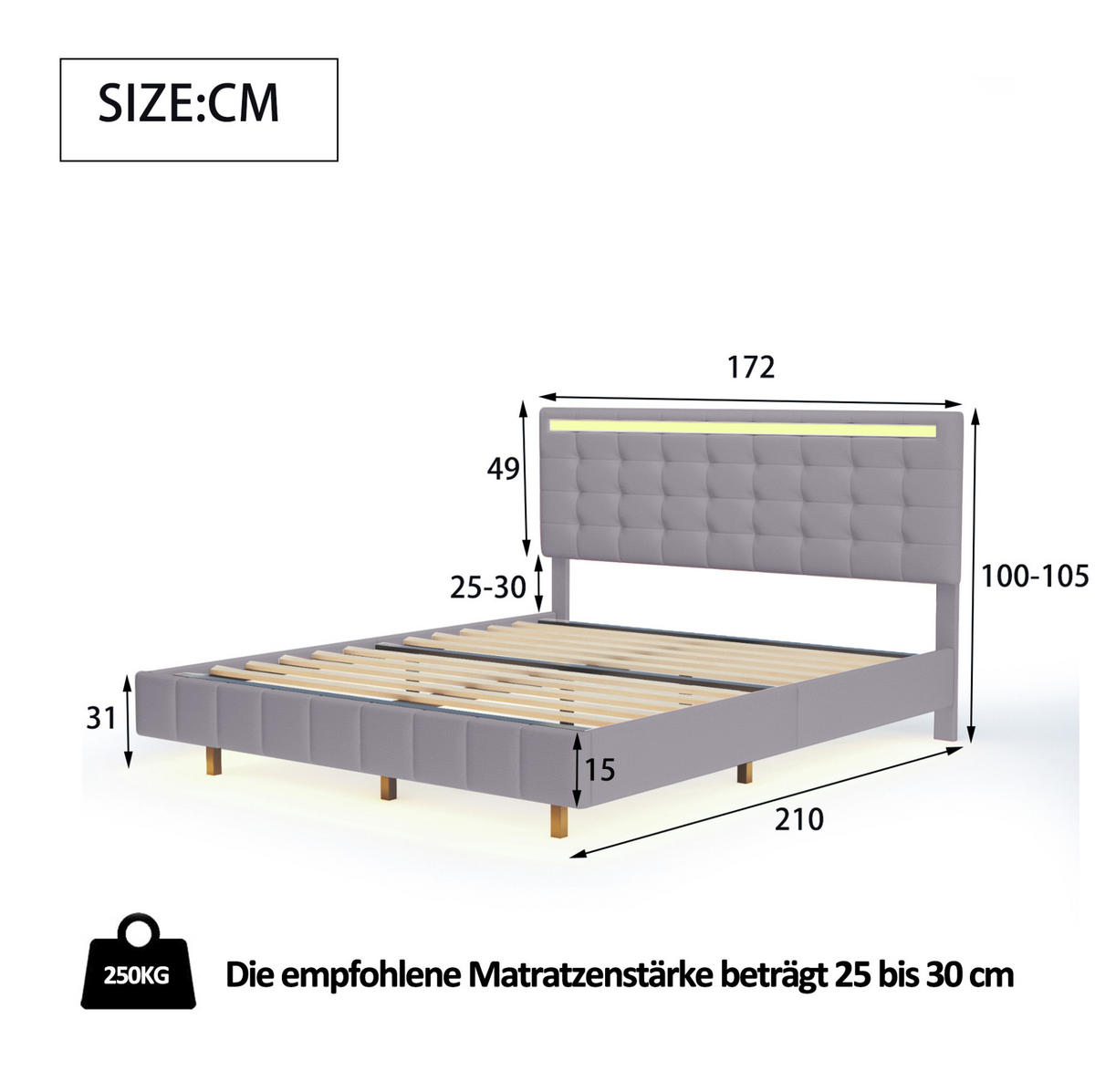 POLSTERBETT mit LED-Beleuchtung 160/200 cm in Grau mit gepolstertem Kopfteil - Grau, Textil (160/200cm) - BEAOK