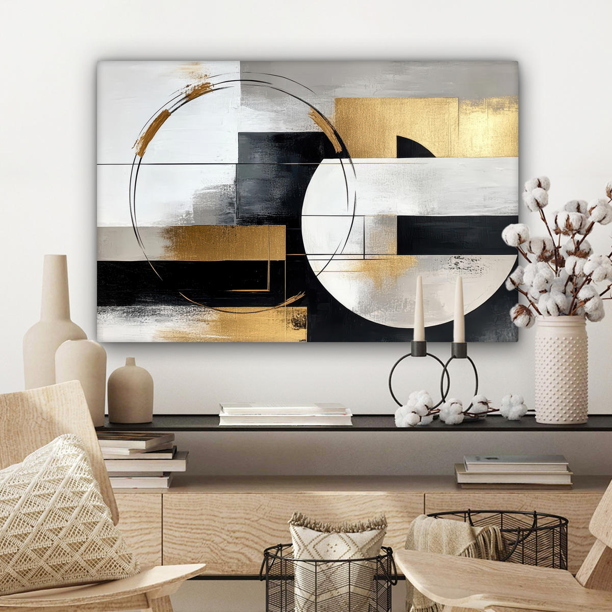 LEINWANDBILD - Abstrakt - Gold - Silber - Formen - Ästhetik - 90x60 - Deko Wohnzimmer - Multicolor, Textil (90/60cm) - MuchoWow