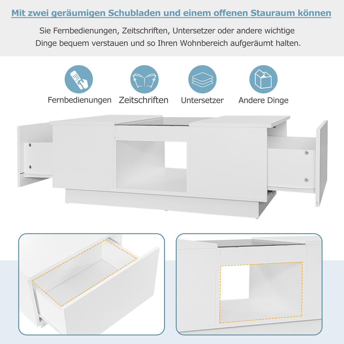 COUCHTISCH in Weiß Couchtisch mit LED-Beleuchtung, App-Steuerung, 2 Schubladen für Wohnzimmer, B100/T50/H35.5cm - Weiß, Holzwerkstoff (50/100/35.5cm) - STILVORA