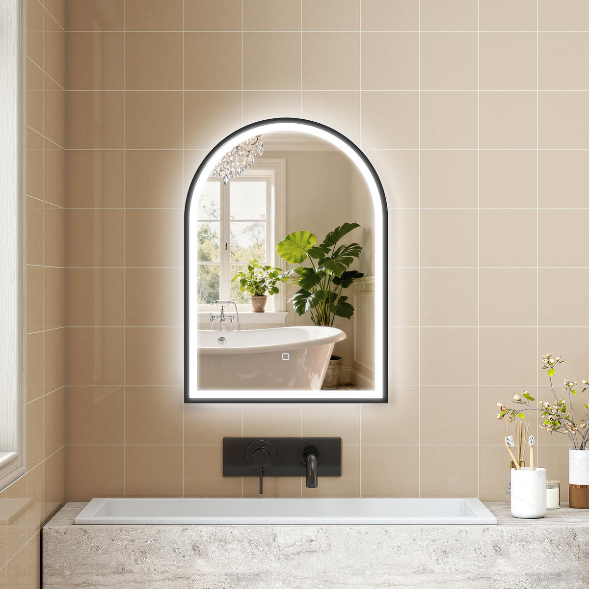 BADEZIMMERSPIEGEL DE-15196 gewölbt, 3 LED-Farben, dimmbar, Antibeschlag Schwarz - Schwarz, Glas (4/70/50cm) - ComfortXL