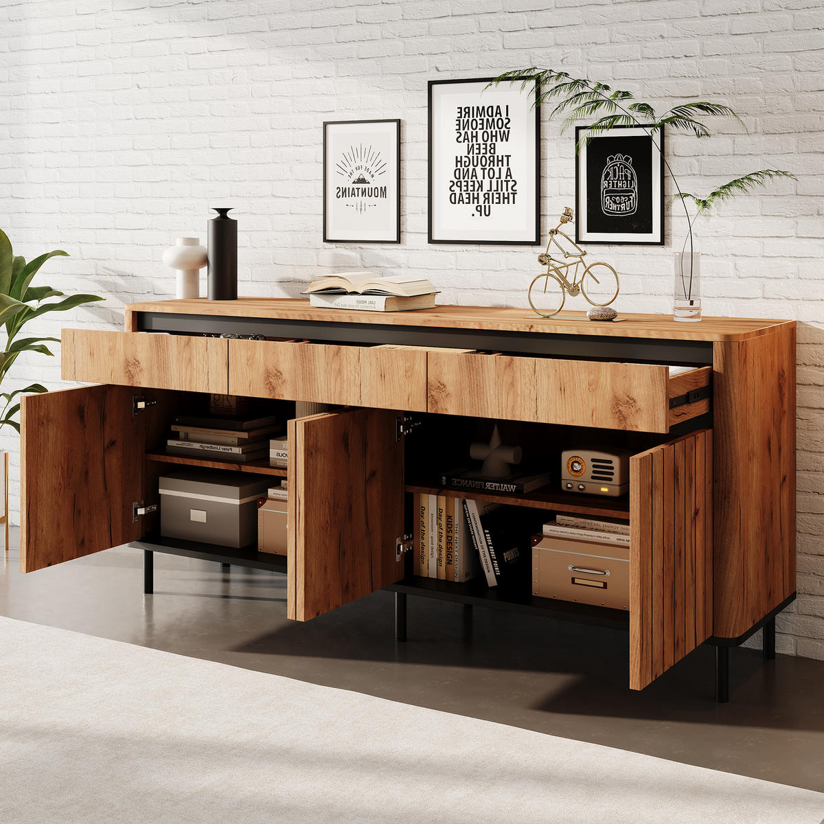 SIDEBOARD DE-37859 mit 3 Schubladen und 3 Lamellentüren Holzfarbe - Naturfarben, Holzwerkstoff (160/73/40cm) - ComfortXL