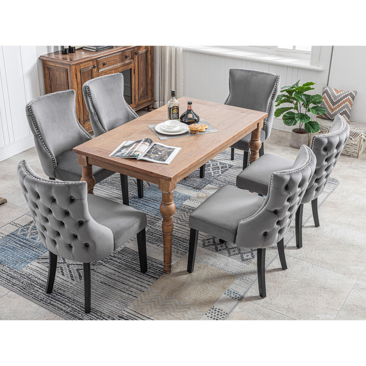 STUHL-SET DE-36936 6 Stück mit Samtbezug und Knopfsteppung Grau - Grau, Holz (45/91/50cm) - ComfortXL