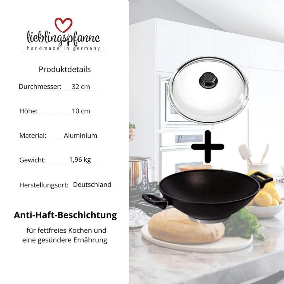 WOKPFANNE Maku Aluguss 32 cm mit Glasdeckel Induktion - Schwarz, Glas/Metall (32cm) - JUNG