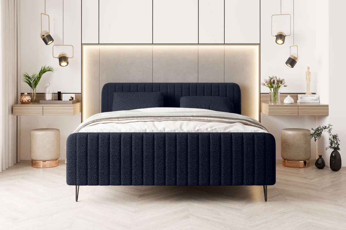 BOXSPRINGBETT LUCIO Bouclé-Stoff Dunkelblau 180/200 cm - Schwarz/Dunkelblau, Textil/Metall (180/200cm) - 99rooms