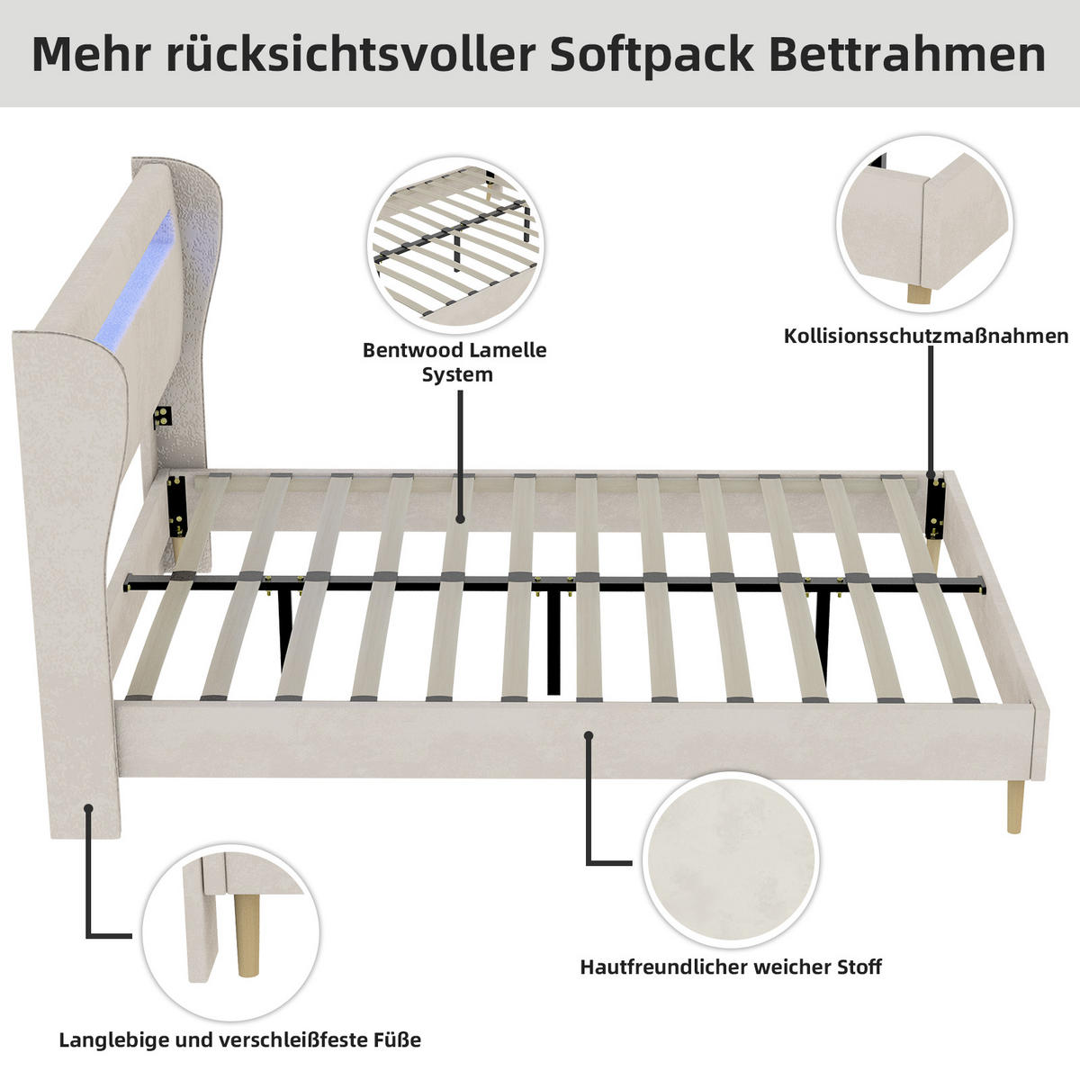 POLSTERBETT 140x200 cm LED ohne Stauraum beige - Beige, Textil (140/200cm) - LEBENLANG