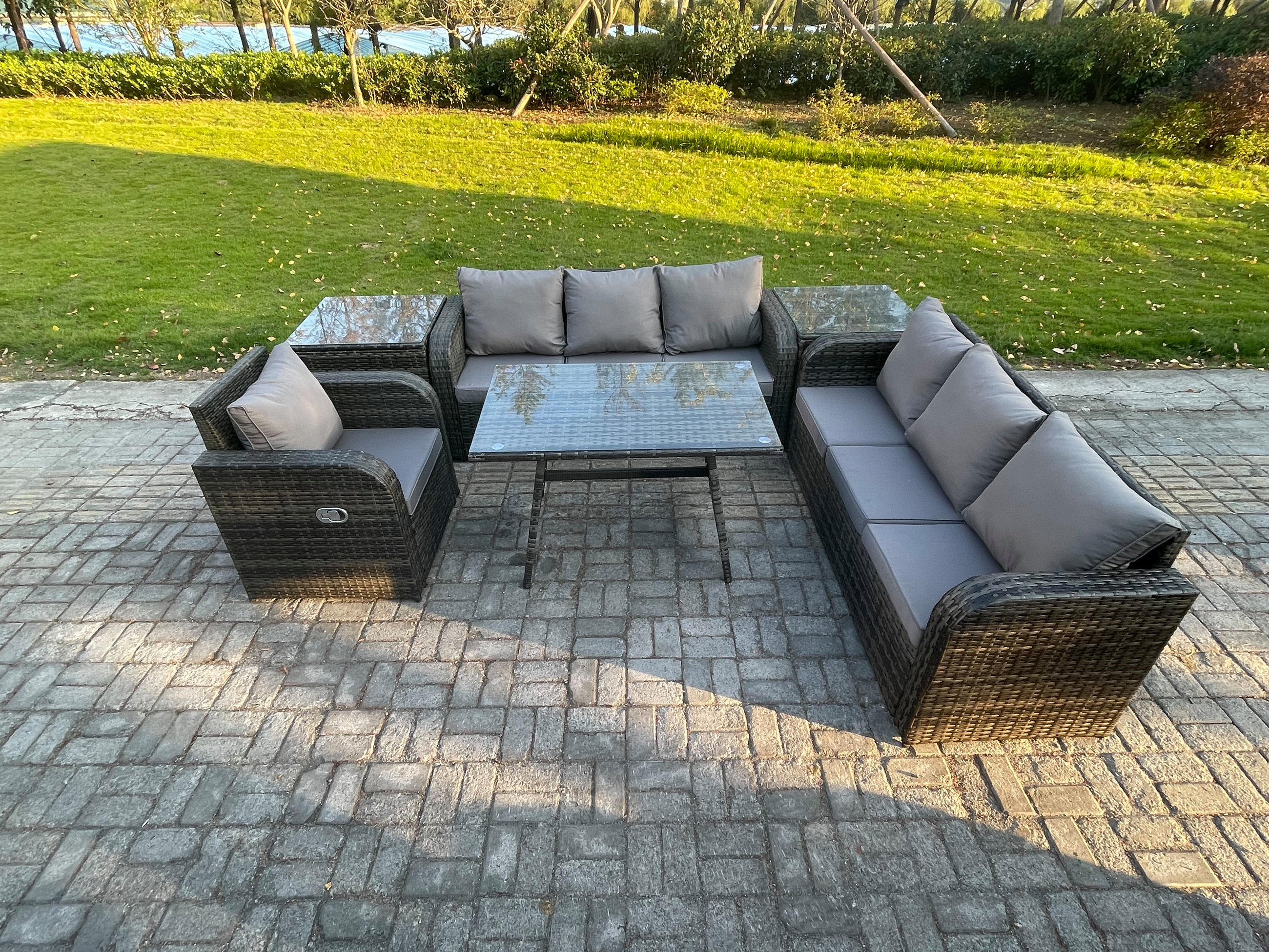 GARTENSET Hohe Rückenlehne Polyrattan 7-Sitzer - Dunkelgrau/Grau, Glas/Kunststoff - Fimous