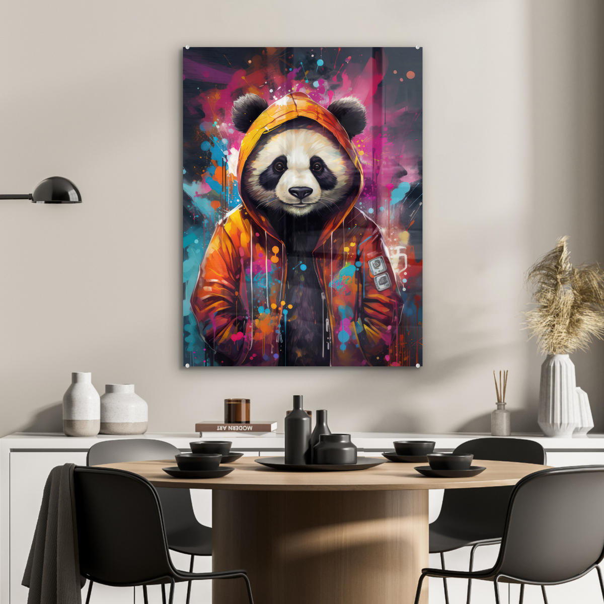 ACRYLGLASBILD Panda - Jacke - Graffiti - Orange 60x80 cm - Orange, Glas (60/80cm) - MuchoWow