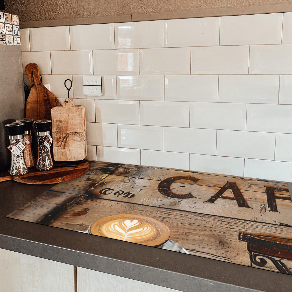 HERDABDECKPLATTE Cafe - Holz - Kaffee - Regale 83x51 cm - Schwarz, Kunststoff (83/0.2/51.5cm) - MuchoWow