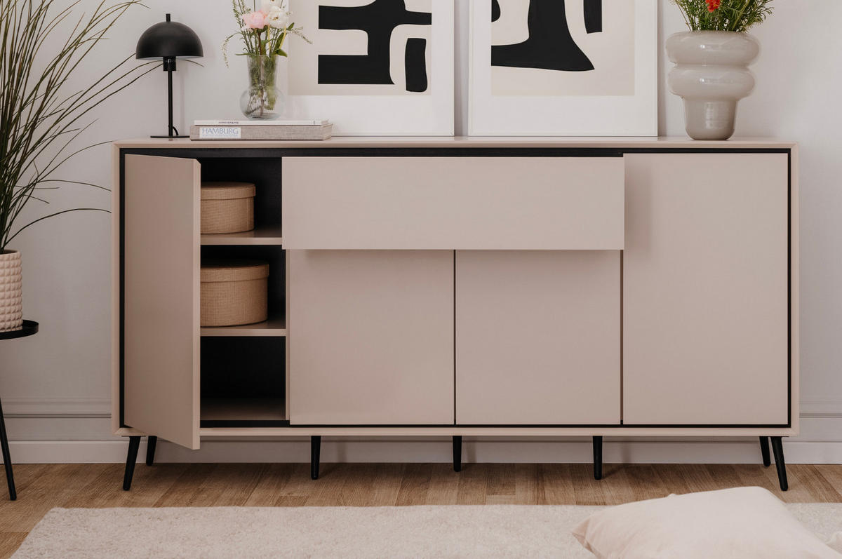 SIDEBOARD sand, schwarz 175 cm, Kommode mit Soft-Close-Funktion - Sandfarben/Schwarz, Holzwerkstoff/Kunststoff (175/90/38cm) - Furn.Design