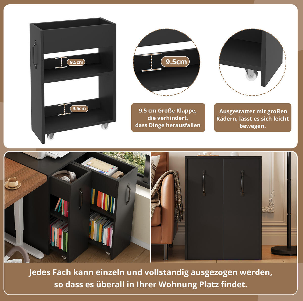 SIDEBOARD 52/50/75 cm mit Rollen und ausziehbaren Fächern in Schwarz - Schwarz, Holzwerkstoff (52/75/50cm) - BEAOK