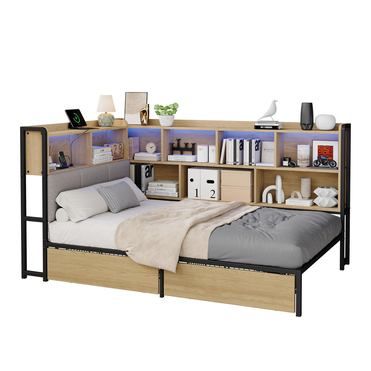 POLSTERBETT 90/200 cm in Natürlich mit 2 Schubladen, LED-Beleuchtung und USB-/Type-C-Ladeanschlüssen - Naturfarben, Metall (90/200cm) - Oxeza