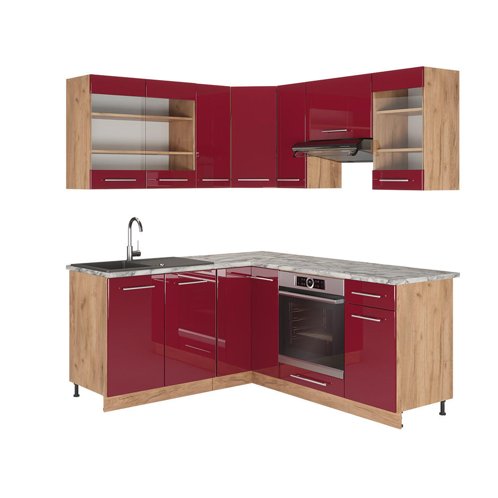 ECKKÜCHE Fame-Line Bordeaux Hochglanz/Goldkraft Eiche 160x190 cm AP Marmor - Bordeaux/Eiche Wotan, Holzwerkstoff (190/81.6/60cm) - Vicco