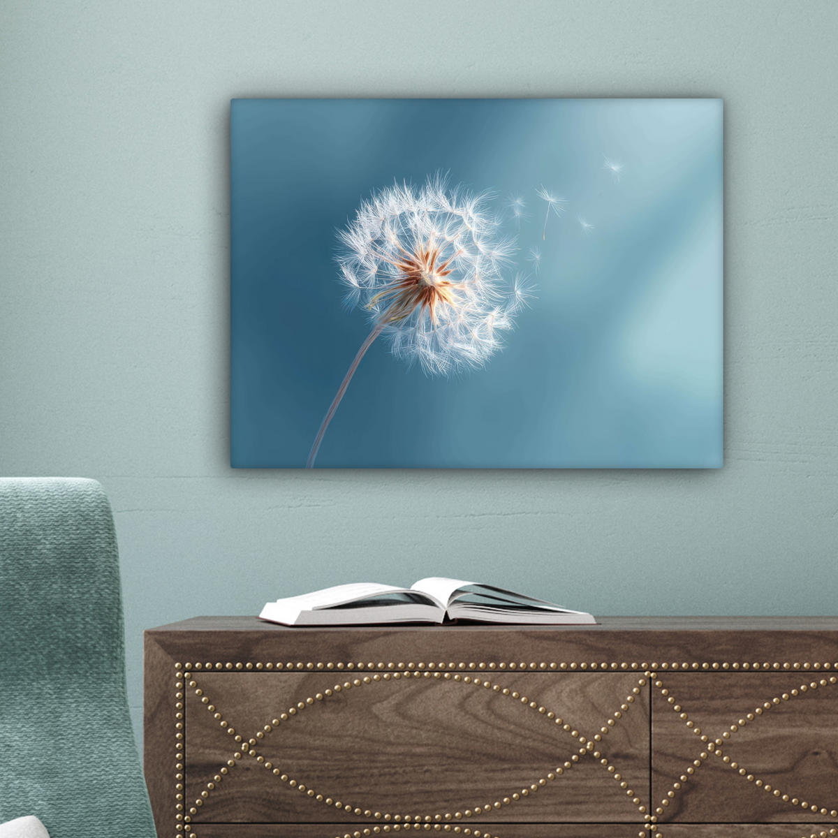 LEINWANDBILD Löwenzahn - Wind - Blau Wandbild 40x30 cm - Blaugrau, Textil (40/30cm) - MuchoWow