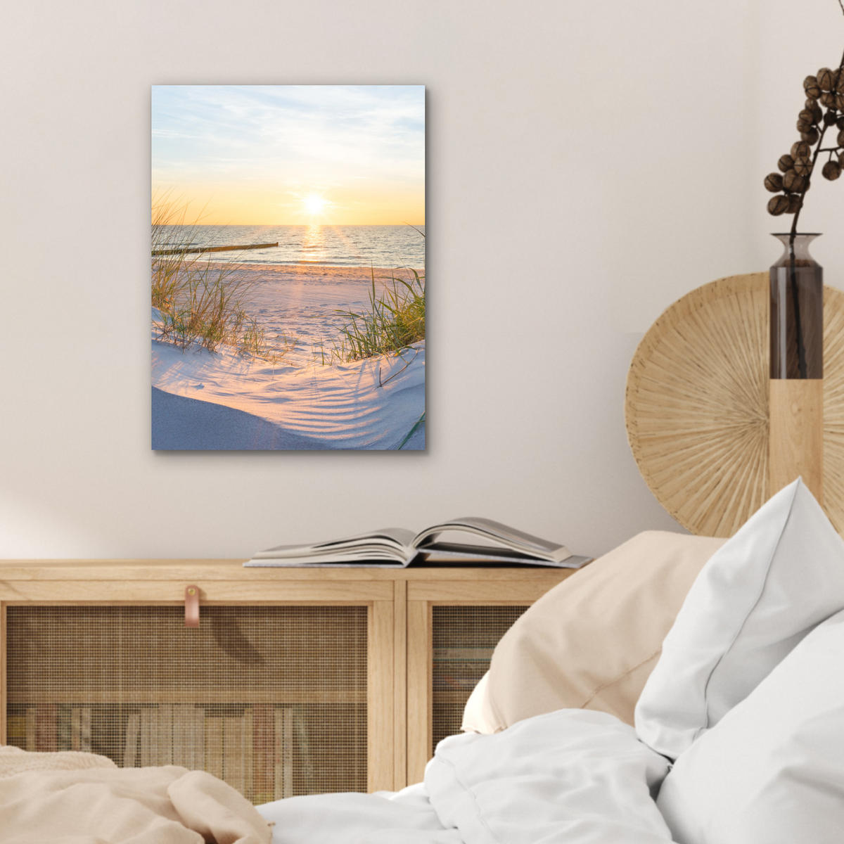 KOVOVÝ OBRAZ Pláž - Slnko - Duny - Tráva - Piesok - Horizont 30x40 cm - svetlomodrá, kov (30/40cm) - MuchoWow