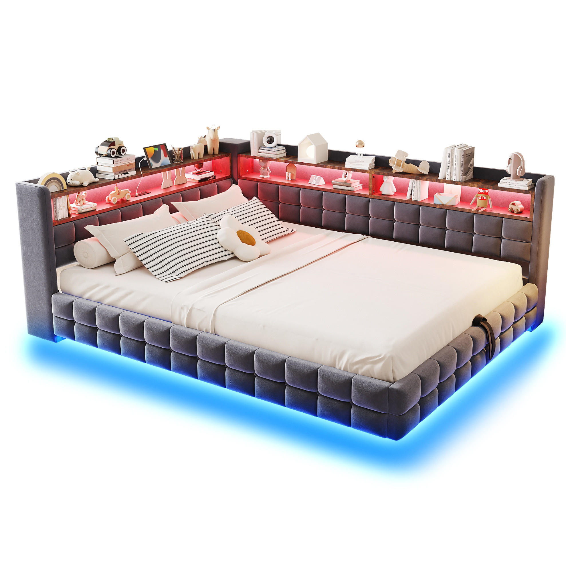 SCHLAFSOFA aus Samt 140x200 cm Grau mit Bettkasten, LED-Beleuchtung und Ladeanschlüssen - Grau, Textil (140/200cm) - IVMEU