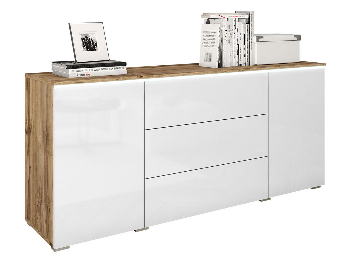 SIDEBOARD Vera 150 mit weißer LED Beleuchtung - Weiß Hochglanz/Eiche Wotan, Holzwerkstoff (150/66/40cm) - MIRJAN24