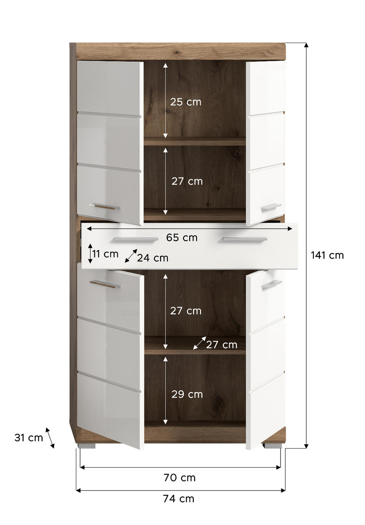 MIDISCHRANK weiß Hochglanz, Eiche 74 cm, Badschrank 4-türig - Chromfarben/Weiß Hochglanz, Holzwerkstoff/Kunststoff (74/141/31cm) - Inn.Furn