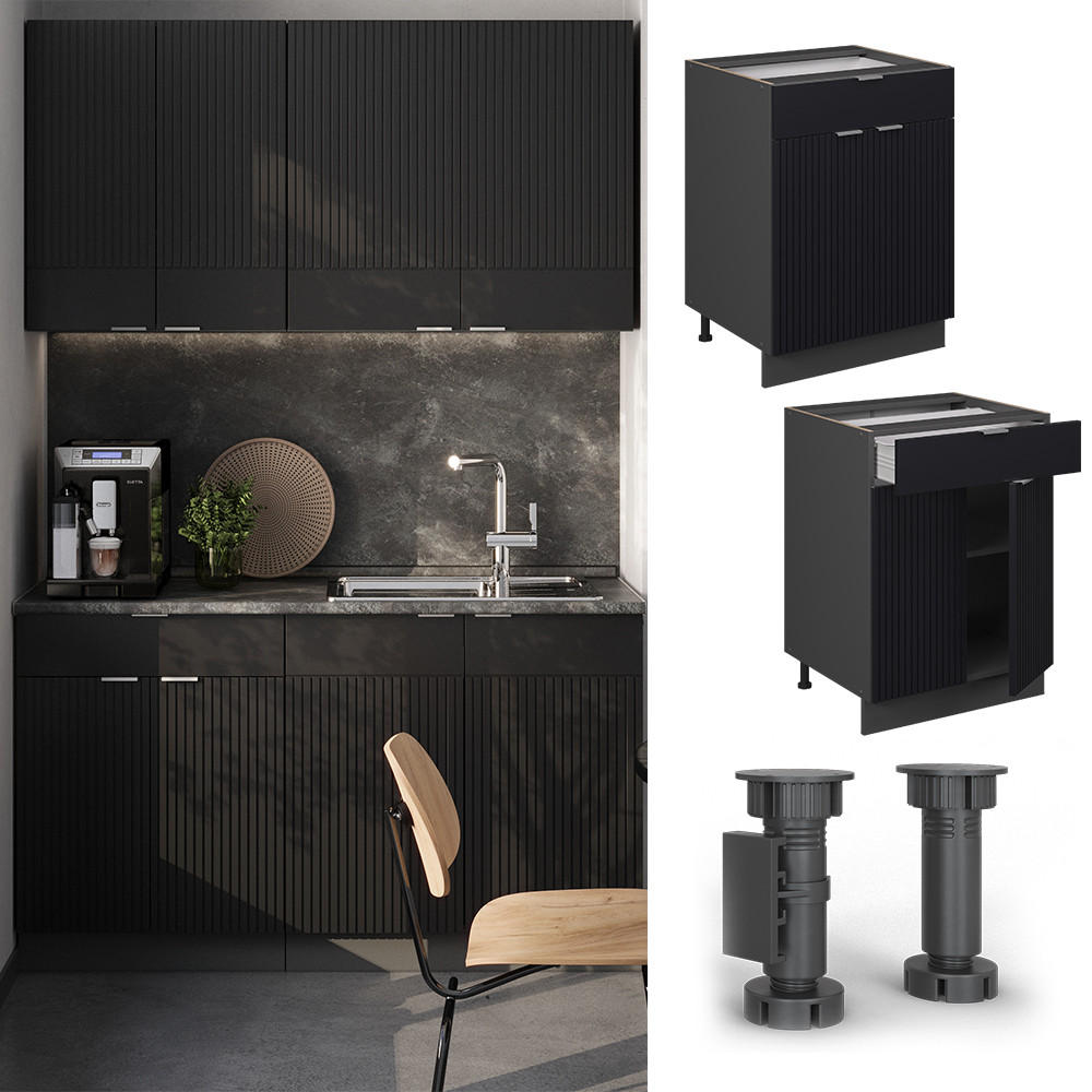KÜCHENUNTERSCHRANK Fame-Line, Schwarz gestreift, 60 cm mit Schublade, AP Marmor - Anthrazit/Schwarz, Holzwerkstoff (60/82/60cm) - Vicco