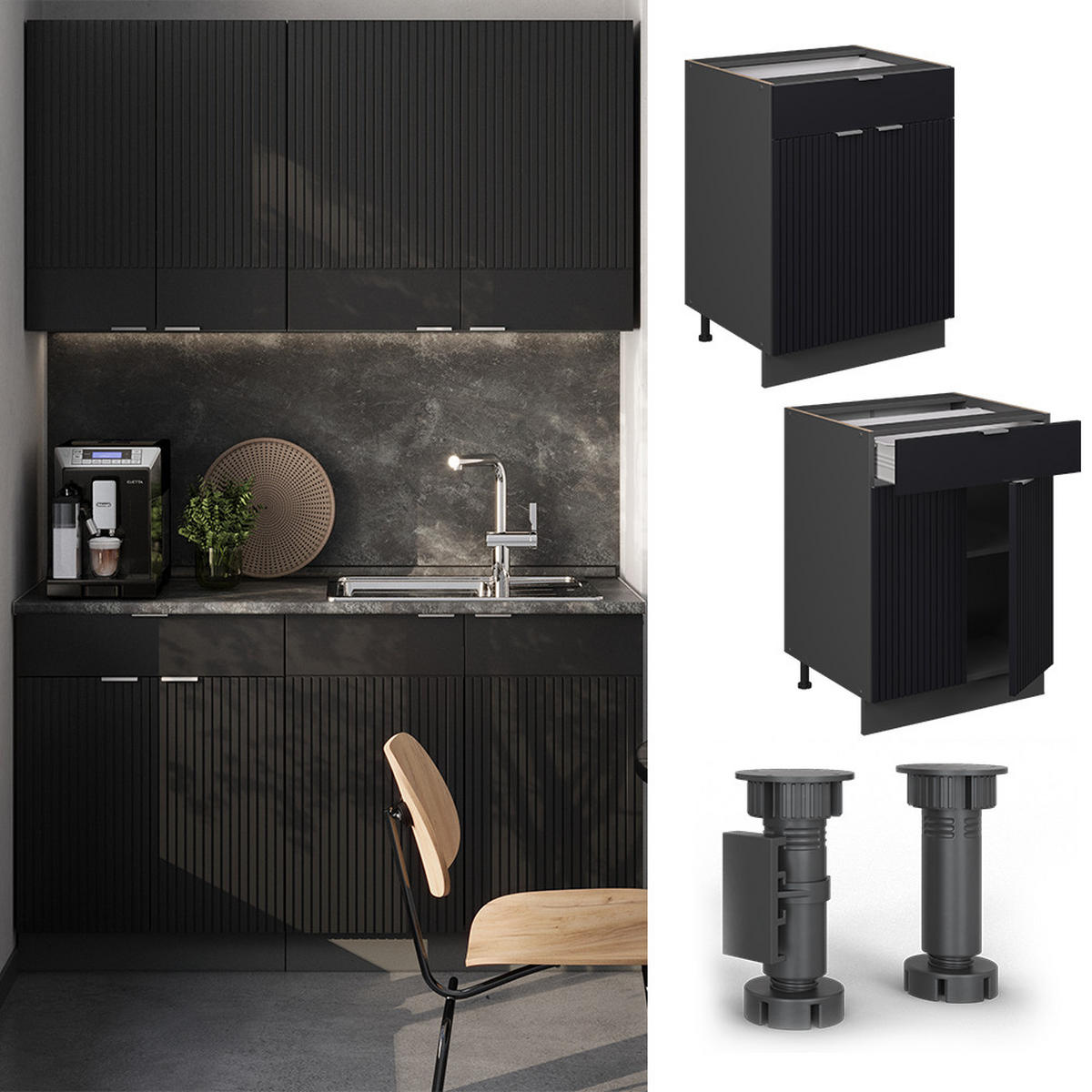 KÜCHENUNTERSCHRANK Fame-Line, Schwarz gestreift, 60 cm mit Schublade, AP Eiche - Anthrazit/Schwarz, Holzwerkstoff (60/82/60cm) - Vicco