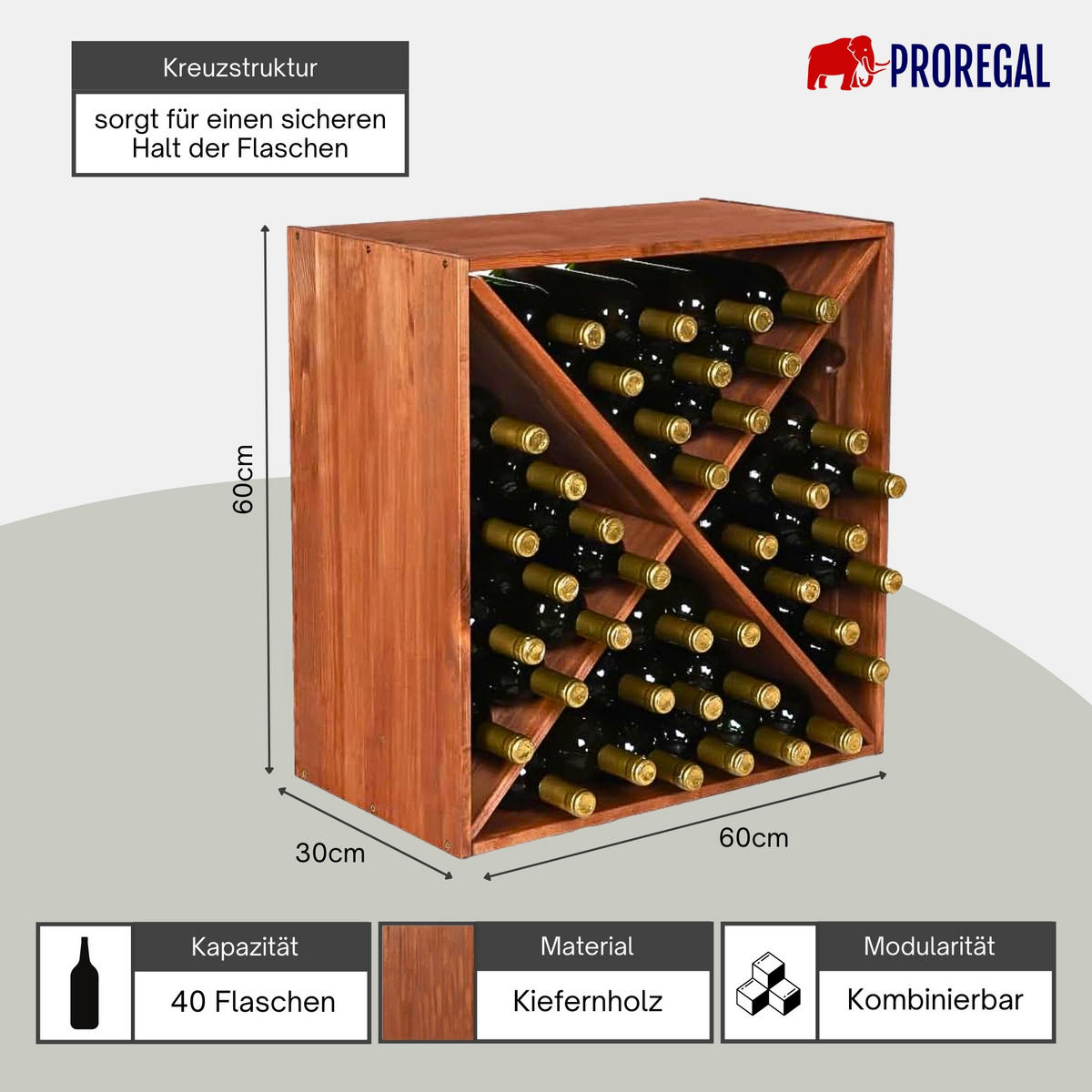 WEINREGAL Vincellar Mod 60x60x30 cm Kreuz Modul Für 40 Flaschen Massives Kiefernholz Braun Geölt - Braun, Holz (60/60/30cm) - PROREGAL