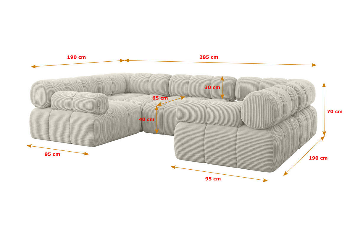 WOHNLANDSCHAFT modulares Sofa Birno-U1 - 285x190x70 cm Hellgrau Cord - Hellgrau, Holzwerkstoff/Textil (285/70/190cm) - ALTDECOR