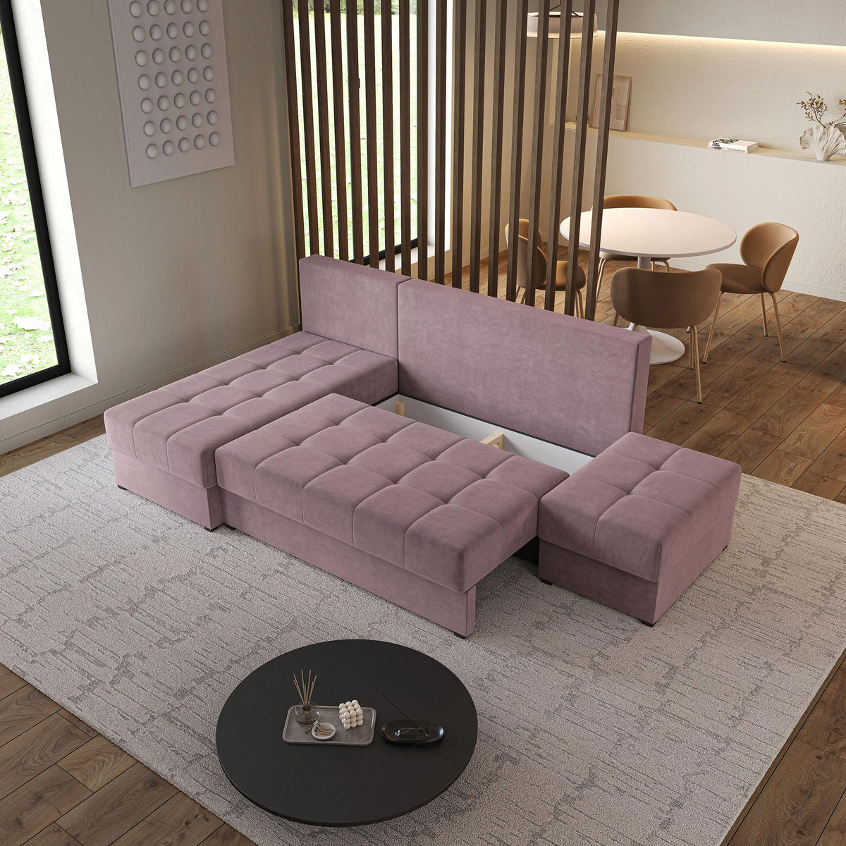 ECKSOFA NORVI Rosa Plüsch-Stoff mit Schlaffunktion - Rosa, Holz (251/143cm) - MASSENO