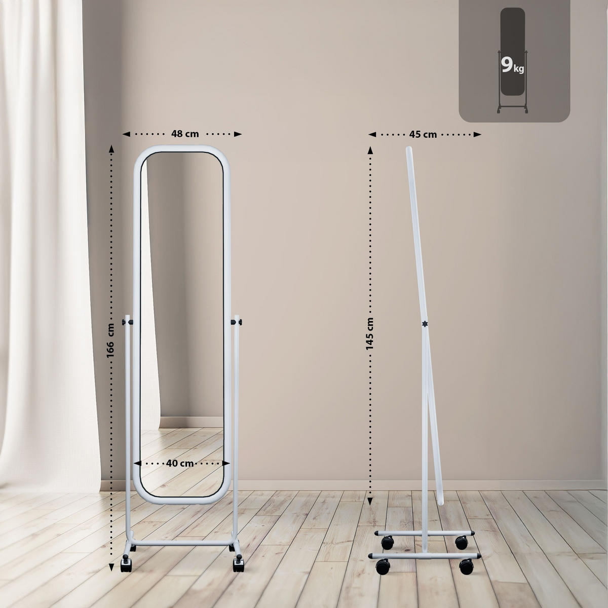 STANDSPIEGEL eckig 48/45/166 cm Metall weiß - Weiß, Metall (48/166/45cm) - CLP