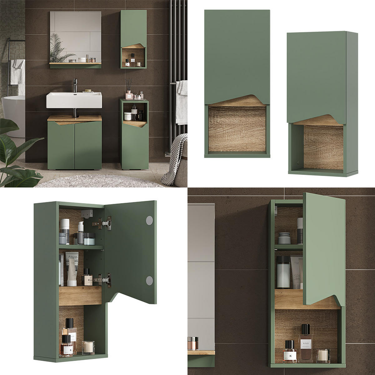 BADSCHRANK Marelle Grün/Artisan 30 x 67 cm mit Tür und offenem Fach - Grün, Holzwerkstoff (30/67/17cm) - Vicco