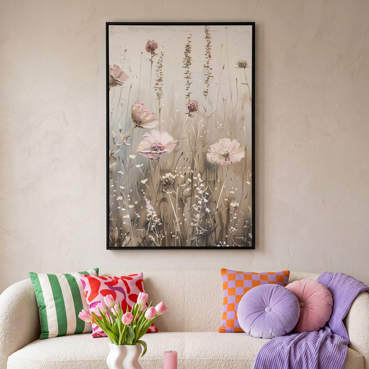 LEINWAND Bilder mit Rahmen - Blumen - Rosa - Modern - Beige - 100x150 - Beige, Textil (100/150cm) - MuchoWow