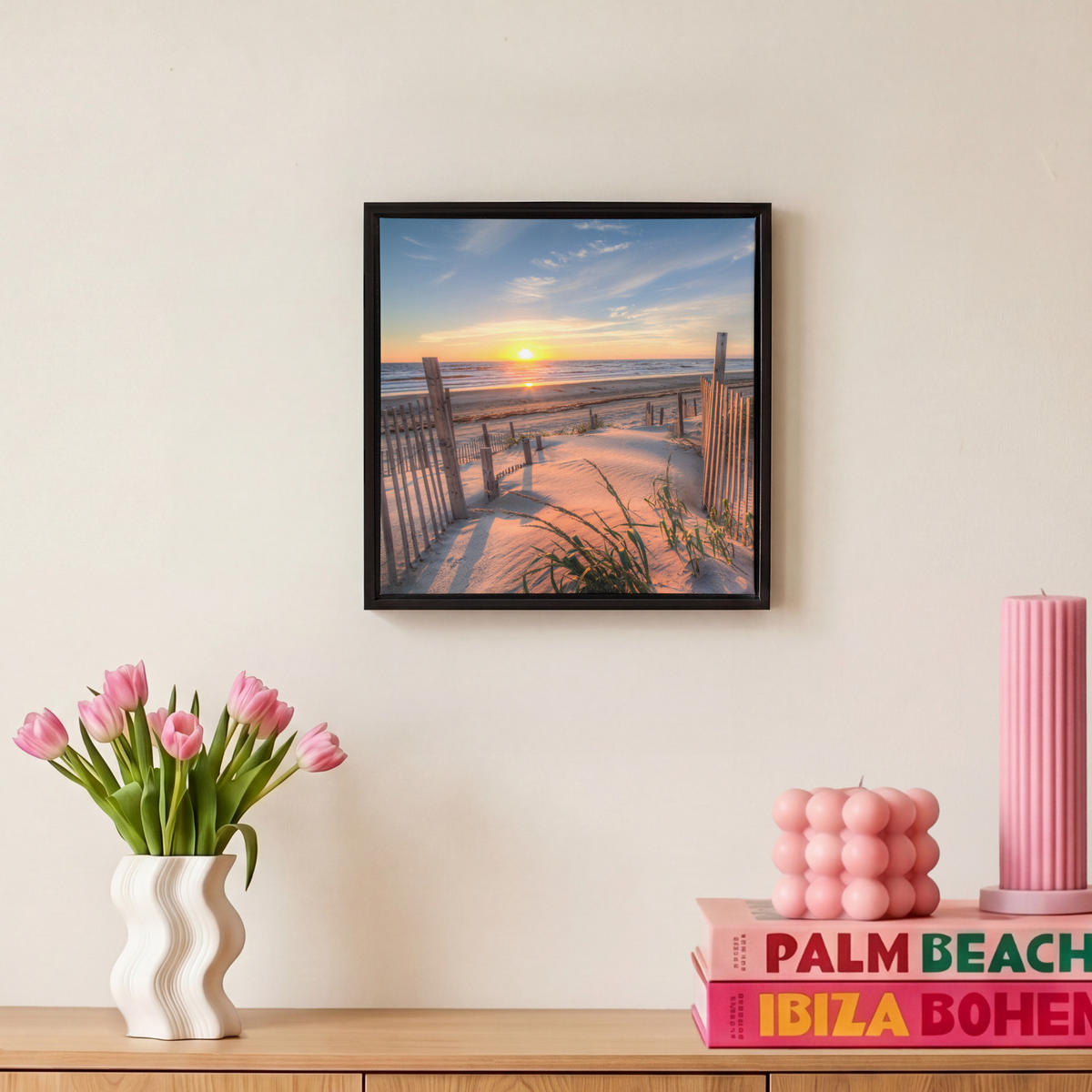 LEINWAND Bilder mit Rahmen - Strand - Meer - Düne - Sonnenuntergang - Landschaft - 20x20 - Beige, Textil (20/20cm) - MuchoWow
